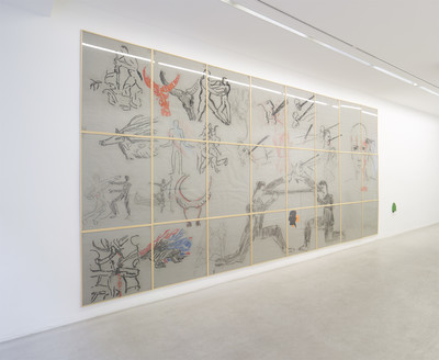 gina pane
Action de chasse. C’est la nuit chérie..., 1979-1981
24 drawings made with charcoal, graphite, pastel and collage on gray Canson paper, 1 painted wooden element
Drawing: 280 x 600 x 1 cm
Hut: 20 x 12 x 4,8 cm
View of the exhibition, kamel mennour (6, rue du Pont de Lodi), Paris, 2016
© ADAGP Gina Pane
Photo. archives kamel mennour
Courtesy Anne Marchand and kamel mennour, Paris/London - © Mennour