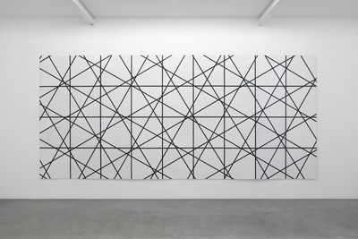 François Morellet
- 6 trames 0°, 30°, 60°, 90°, 120°, 150°, 1968
36 panels. Black tape on enameled plate. 240 x 540 cm overall.
36 x 36 cm each panel - © Mennour